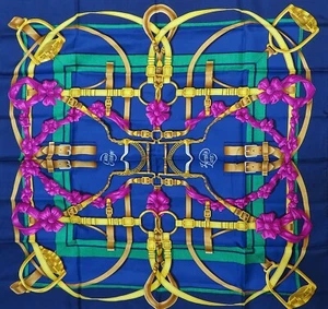 Auténtica bufanda HERMES "GRAND MANEGE" azul marino 100 % seda #55239 - Imagen 1 de 10