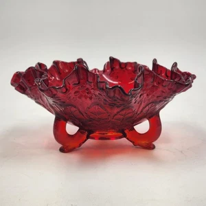 Fenton Ruby Red Glass Bowl 8" Wide Leaf Flowers Footed Dish Ruffled Edge Vintage - Picture 1 of 13