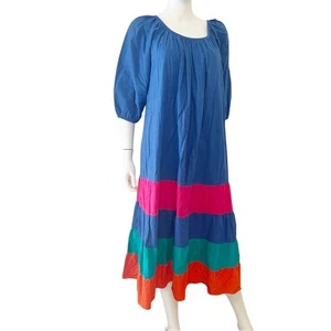 APPEL USA Blue Pink Red Cotton Tiered Maxi Summer Dress, M - Picture 1 of 8