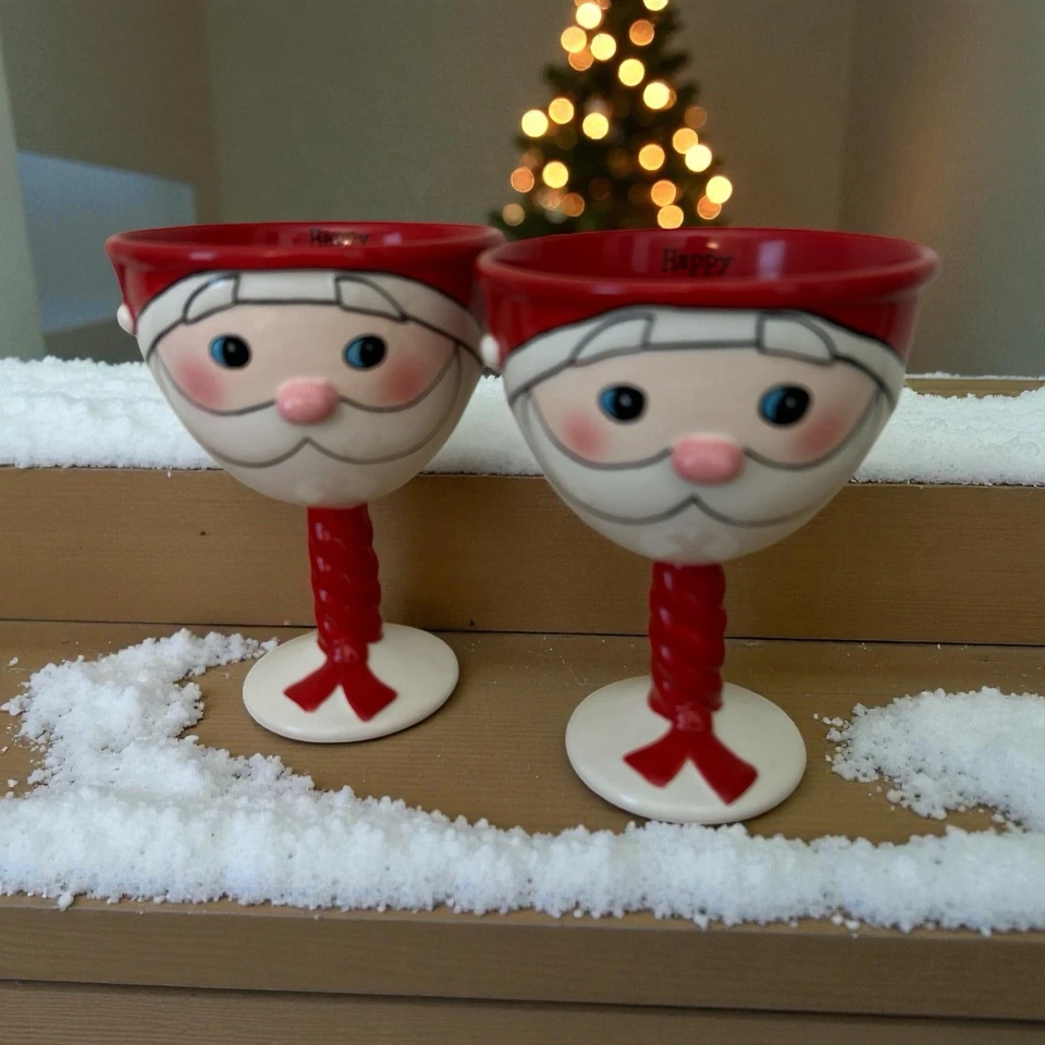Grasslands Road Set Of Two Large Wine Goblet Glass Stemmed Santa Face Christmas - Image 1 of 4