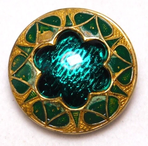 Antique Vtg Glass FOIL under Glass in Brass BUTTON NICE Cover