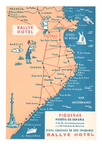 Postcard 4x6 Spain Rallye Hotel Figueras Mediterranean Coast Map - Picture 1 of 2