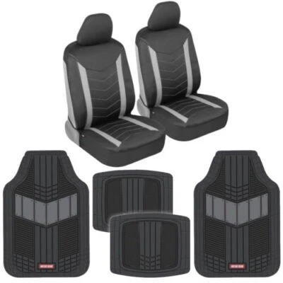Fundas de asiento delanteras Motor Trend acolchadas de cuero y alfombrillas de goma de 2 tonos se ajustan grises Foto 1 de 4