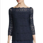 ESCADA Evronia Top XL Midnight Blue Lace Tiered 3/4 Sleeve Pullover Blouse $575