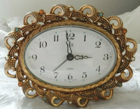 VINTAGE GOLD TONE JEWELED RHINESTONE  ELGIN ALARM CLOCK FRENCH FARMHOUSE Cover