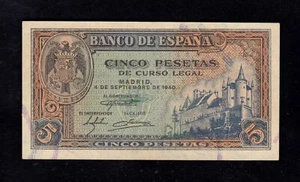 F.C. 5 PESETAS 1940 , SERIE H , EBC+ . - Picture 1 of 2
