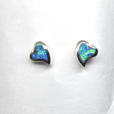 Blue-Green Opal 925 Silver Quirky Heart Small Stud Studs Earrings Pair Jewelry — 第 1/4 张图片