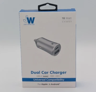 JW Just Wireless Dual Car Charger USB-A & USB-C 18 W Charge Silver Universal  - Image 1 of 3