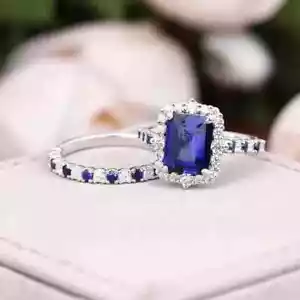 14K White Gold Plated 3Ct Emerald Lab-Created Blue Sapphire Halo Bridal Ring Set - Picture 1 of 4