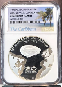 1978 DOMINICA SILVER 20 DOLLARS GRAF ZEPPELIN NGC PF 62 ULTRA CAMEO 233 MINTED - Picture 1 of 3