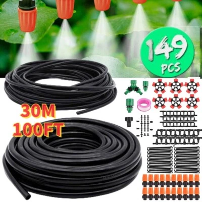 100ft Drip Irrigation System Garden Plant Self Watering Hose Micro Sprinkler Kit Foto 1 de 4
