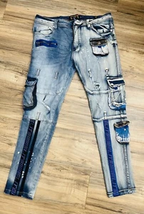 Elite Premium Denim Grunge Y2K Patched Distressed  Biker Jeans Men's Size 38 - Picture 1 of 10