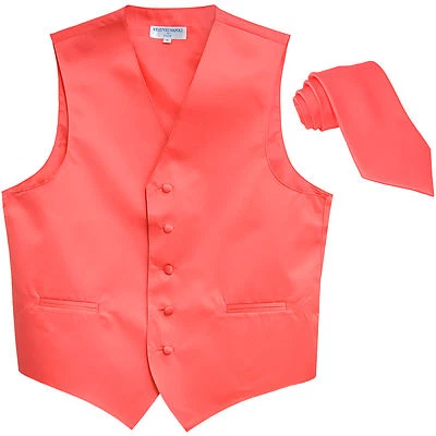 New Men's Formal Tuxedo Vest Waistcoat_Necktie solid coral wedding prom 5XL 6XL - Image 1 of 3