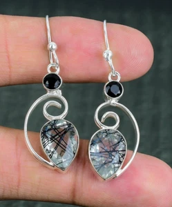 Black Rutile, Black Spinel Gemstone Handmade 925 Sterling Silver Jewelry Earring - Picture 1 of 4