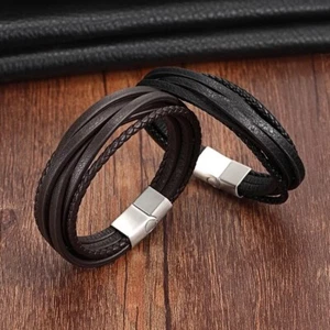 Men's Handmade Leather Braided Bracelet Wristband Black Brown - Picture 1 of 9