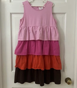 Hanna Andersson Tiered Sundress Girls 150 US 12 Pink Red Brown Sleeveless Dress - Picture 1 of 2