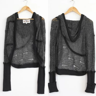 Diesel Distressed Mesh Asymmetric Cropped Hooded Cardigan, Size L - Image 1 of 4