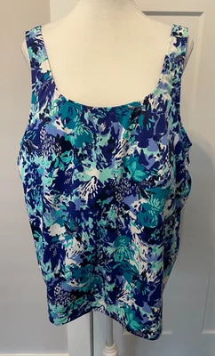 LL BEAN Womens SWIM TOP Bathing Suit Top BLUE White FLORAL Bra UPF 50+ Size 22W - Image 1 of 4