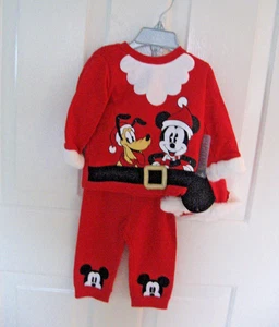 Disney Pyjama Set 3-teiliges Set Mickey & Pluto mit Nikolausmütze rot Gr. 9 = 12 M Neu mit Etikett - Bild 1 von 6