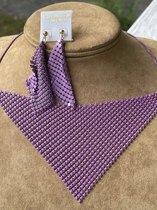 Mesh Metall Dreieck Halskette und Ohrringe lila Lavendel Hongkong Latz Kragen - Bild 1 von 13