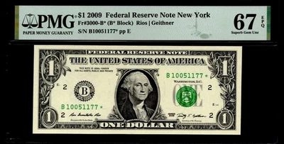 2009 $1 FRN NEW YORK. FR: 3000-B* (STAR NOTE). PMG Graded: 67 PPQ.   NICE S/N. - Image 1 of 2