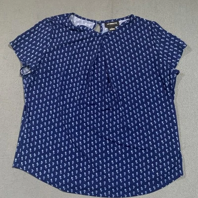 Liz Claiborne Career Women's Blue Micro Flower Print Short Sleeve Blouse Top L - Image 1 of 4