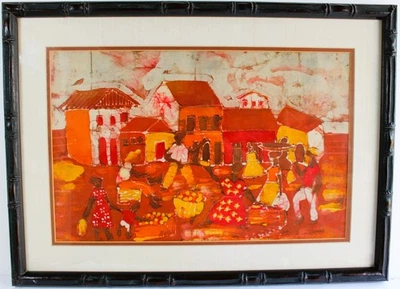 TELA PINTURA BATIK ORIGINAL FIRMADA COLORIDA ESCENA DEL MERCADO HAITIANO CARIBE Foto 1 de 4