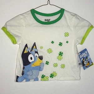 Disney Bluey Ringer White & Green Shamrock Short Sleeve Cropped T-shirt NEW! - Picture 1 of 8