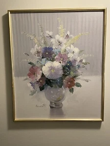 Lienzo de pintura floral firmado por Edward enmarcado vintage - Imagen 1 de 9