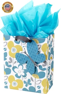 9" Medium Gift Bag with Tissue Paper (Flowers and Butterflies; Turquoise and Yel - Picture 1 of 5