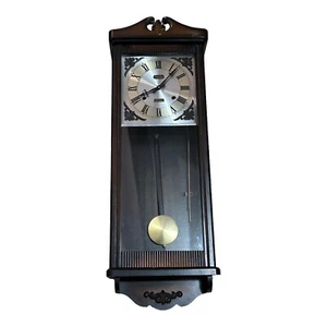 VTG MCM Rhythm 30 Day Chiming Wall Clock in Wooden Case Glass Door Key Tested - Picture 1 of 20