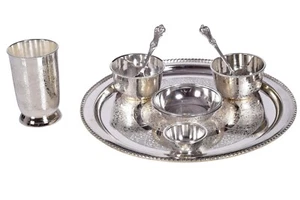 Rustik Craft Royal Silver Etched Brass Dinnerware Thali Kitchen Dining Tableware - Picture 1 of 3