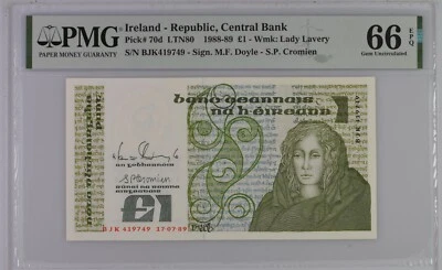 Ireland 1 pound Medb P70d Irish Irland 17.7.89 PMG 66EPQ UNC BJK 419 749 2/3 - Image 1 of 2