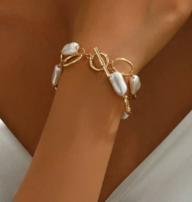 Pearl Bracelet Double Layered Big White Faux Baroque Beaded Bracelet Lightweight - Image 1 of 4
