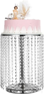 Round Metal Cake Stand with Crystal Pendants and Beads, 12 Inch Gold Cake Decora - Picture 1 of 7
