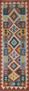 Flat woven Reversible Kilim Narrow Runner Rug 2' 9" x 9' 8" Hallway Wool Carpet - Picture 1 of 10