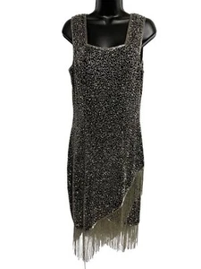 Vintage Laurence Kazar New York Perlen 100 % Seide Cocktailkleid Fransensaum M - Bild 1 von 10