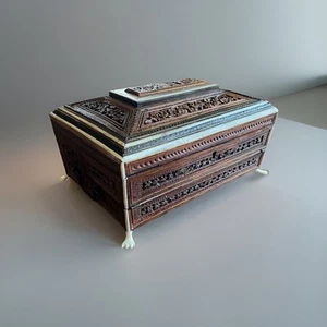 Antico cofanetto anglo-indiano in teak/legno di sandalo scatola da cucire e scrivania, XIX secolo - Foto 1 di 22