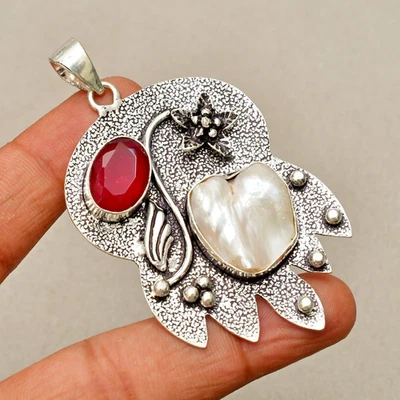 Perlmutt Edelstein Handarbeit 925 Sterlingsilber Schmuck Anhänger 2,67 Zoll - Bild 1 von 4