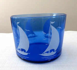Hazel Atlas Glass Ships Sailboat Blue Ice Bowl Bucket Exc Cond 1930's - Picture 1 of 8