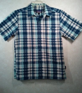 Patagonia Shirt Men S Blue Gray Organic Cotton Blend Seersucker Short Sleeve - Picture 1 of 11