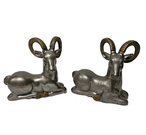 Paar Vintage Zinn Messing Dickhorn Schaf Widder Figuren Statuen Türstopper - Bild 1 von 7