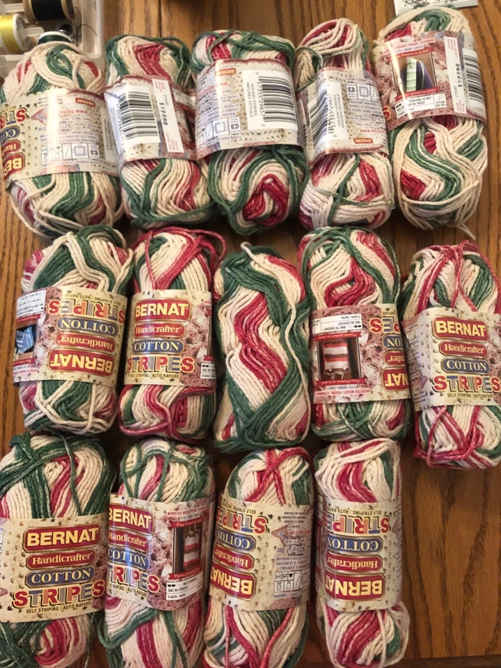 New Bernat Cotton Yarn Lot (14) Holiday Stripes 1.5 ounces each - Image 1 of 1