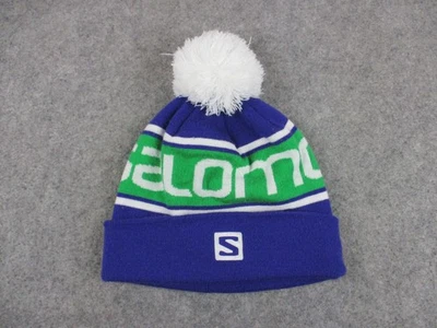 Salomon Hat Cap Beanie OSFA Blue Green White Pom Pom Winter Knit Acrylic Mens - Image 1 of 4