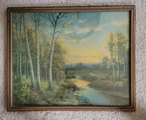 Antiker gerahmter Druck Bäume Kirche Bauernhaus Bach Landschaft Tonalist goldfarben  - Bild 1 von 16