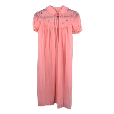 Camisón bata vintage años 70 rosa con volantes transparentes apliques florales talla pequeña Foto 1 de 4