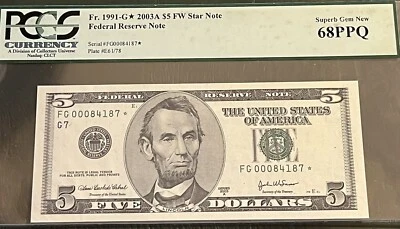 2003 A $5 Federal Reserve Star Note PCGS 68PPQ Superb Gem New Chicago Star - Image 1 of 2