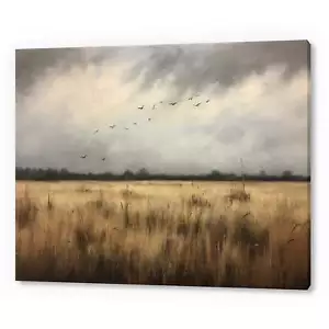 Vintage Country Landscape Stormy Clouds Birds, Antique Countryside Canvas Print - Picture 1 of 9
