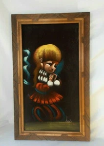 Cuadro de madera rústico tallado rezando niña pintura terciopelo negro vintage firmado  - Imagen 1 de 11