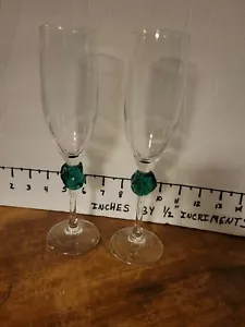 Pair of Glass Champagne Flutes with Green Stone On Stems ~Stunning~ - Picture 1 of 11